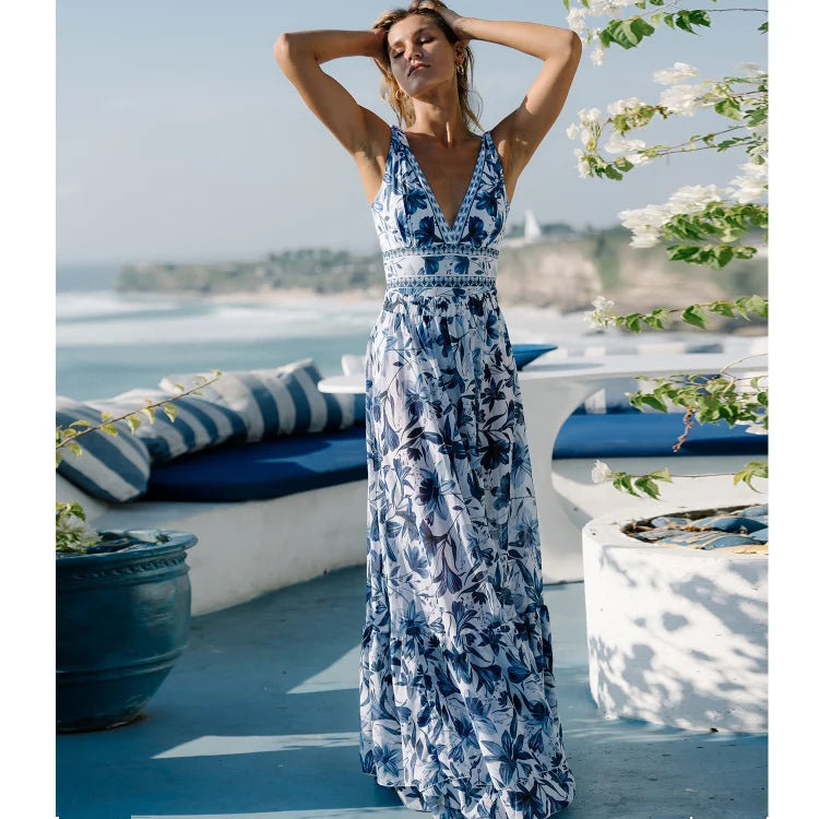 V Neck Lace Up Strip Plant Prints One Piece Swimsuit and Skirt/Sarong