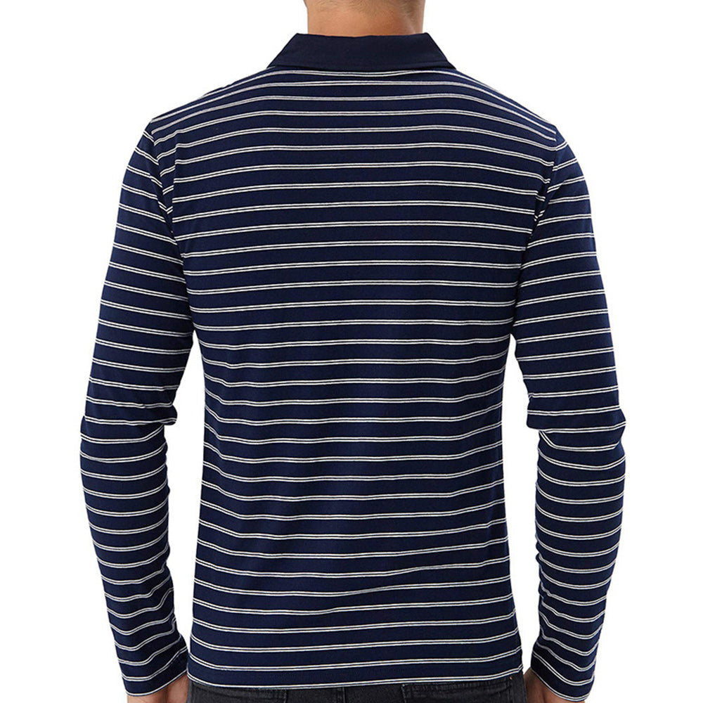 New Men Striped Casual Breathable Long Sleeve Polo Shirt